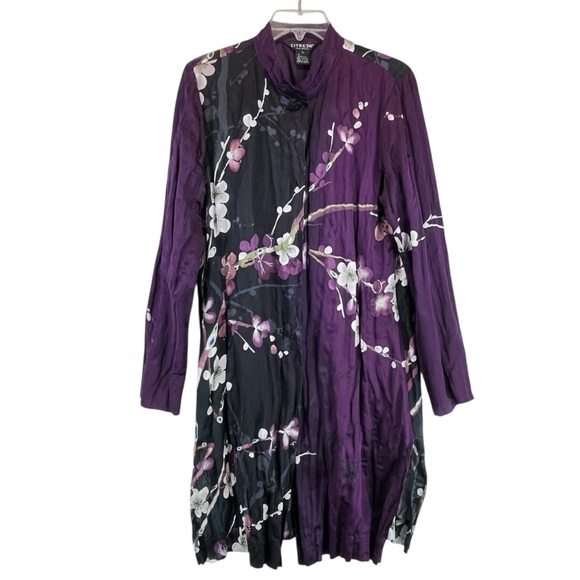Citron Santa Monica Jackets & Blazers - CITRON Santa Monica Floral Silk Cotton Topper Tunic Black Purple Floral Sz M/L